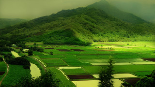 Green valley mountain background river - a matte painting free wallpaper
