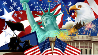 Statue liberty fireworks american flag - digital art free wallpaper