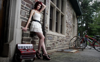 Woman brick wall accordion red - barbizon school free wallpaper