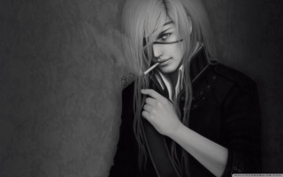 Woman glasses smoking cigarette black - a wall behind her free wallpaper