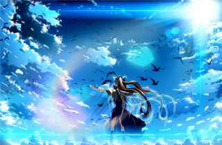 Woman standing clouds sword birds - a matte painting free wallpaper