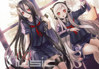 Anime girls bench redeyes headphones - a bench free wallpaper