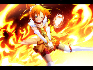 Woman costume fireball sword standing - explosion free wallpaper