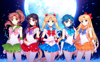 Anime girls full moon snow 2 - a group of anime girls free wallpaper
