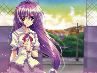 Girl purple hair white shirt 5 - a view of a mountain free wallpaper