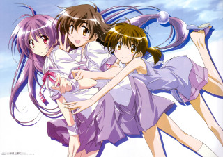 Three girls purple dresses hugging - a blue sky behind them free wallpaper