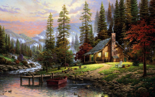 Cabin river boat background painting - a painting of a cabin free wallpaper