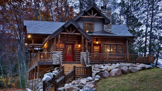 Log cabin red door stone - the front of it free wallpaper