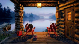 Chairs porch lake cabin lantern 2 - american scene painting free wallpaper