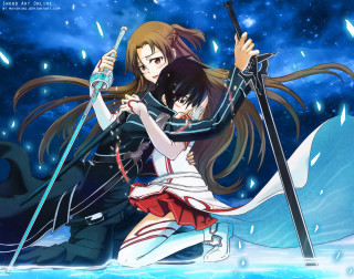Anime couple swords water rain - a blue sky behind them free wallpaper
