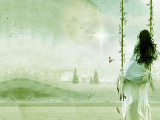 Woman swing field moon tree - full free wallpaper for desktop