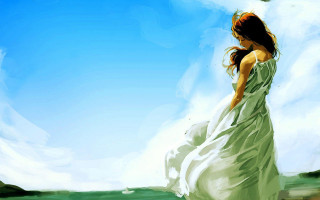 Woman white dress kite sky - overhead free wallpaper