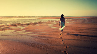 Woman walking beach surfboard footprints - a surfboard free wallpaper