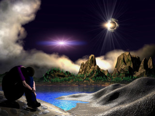 Person sitting rock sky mountains - a person free wallpaper for desktop