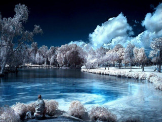 Man rock lake trees clouds - a blue sky free wallpaper