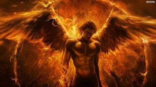 Man large angel wings flames - a red background free wallpaper