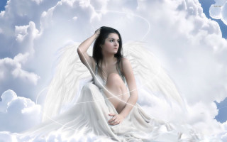 Woman white wings sitting cloud - ground free wallpaper