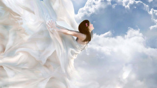 Woman white dress flying clouds - dreamlike free wallpaper