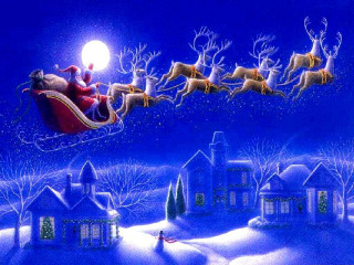 Santa sleigh reindeer fullmoon town - naive free wallpaper