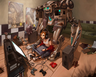 Woman sitting table computer robot - game art free wallpaper