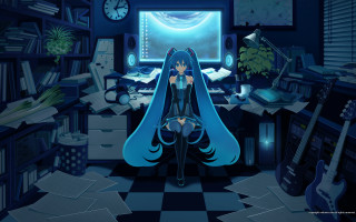 Girl sitting room computer guitar - a clock in the background free wallpaper