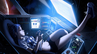 Woman space station laptop monitor - a space station free wallpaper