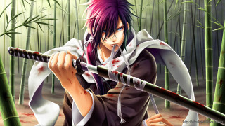 Anime character sword bamboo forest - a bloody face free wallpaper