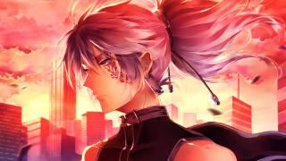 Pink hair anime girl city - skyscraper free wallpaper