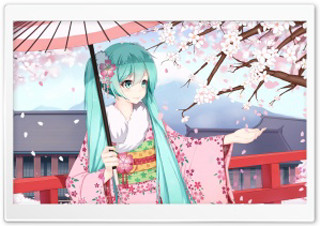 Woman blue hair umbrella cherry - an umbrella in front free wallpaper