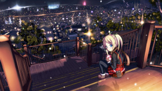 Anime girl balcony snow night - night free wallpaper