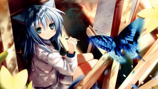 Girl blue hair butterfly shoulder - over her shoulder free wallpaper