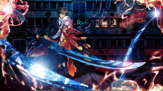 Woman black dress sword building - fire and smoke free wallpaper