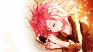 Pink haired girl leaning wall - her cell phone free wallpaper