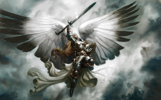 Woman sword wings cloudy day 3 - epic fantasy character art free wallpaper