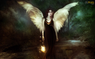 Woman angel wings lantern forest - dark fantasy art free wallpaper