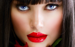 Woman red flower mouth long - realistic eye free wallpaper