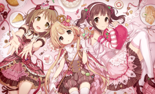 Anime girls bed food candy - a bed together free wallpaper