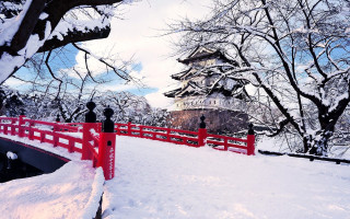 Red bridge snow building trees - a building in the background and trees free wallpaper