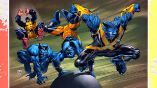 Men blue yellow costumes trick - their hands in free wallpaper