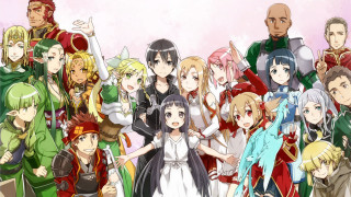 Anime group holding hands pink - official art free wallpaper for desktop