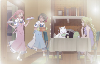 Girls table food cat group - the table in front free wallpaper
