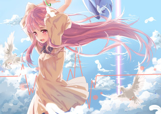 Girl pink hair flying birds - analytical free wallpaper