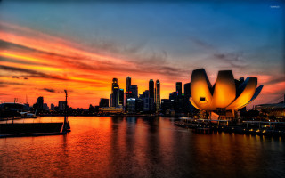 City skyline yellow flower water - a matte painting free wallpaper for desktop