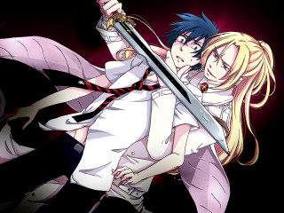 Anime couple sword black background - a red light behind them free wallpaper
