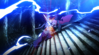 Woman purple dress stairs lightning - her back free wallpaper