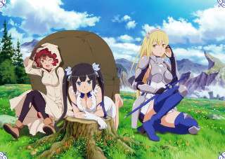 Anime girls tree stump field - official art free wallpaper for desktop