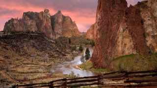 River valley fence pink sky - a matte painting free wallpaper