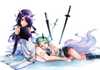 Anime characters swords green hair - the background and a woman free wallpaper