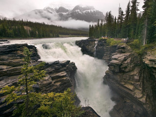 Waterfall man forest mountains fog 2 - fog free wallpaper