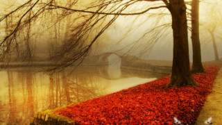 River bridge red leaves trees - a painting of a river free wallpaper
